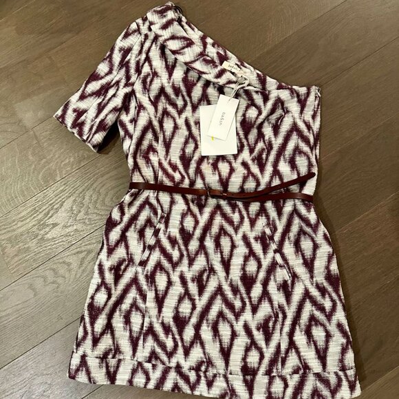 Ba&sh Alba Asymmetrical One Shoulder Cocktail Dress with Belt Graphic Print - Picture 6 of 8